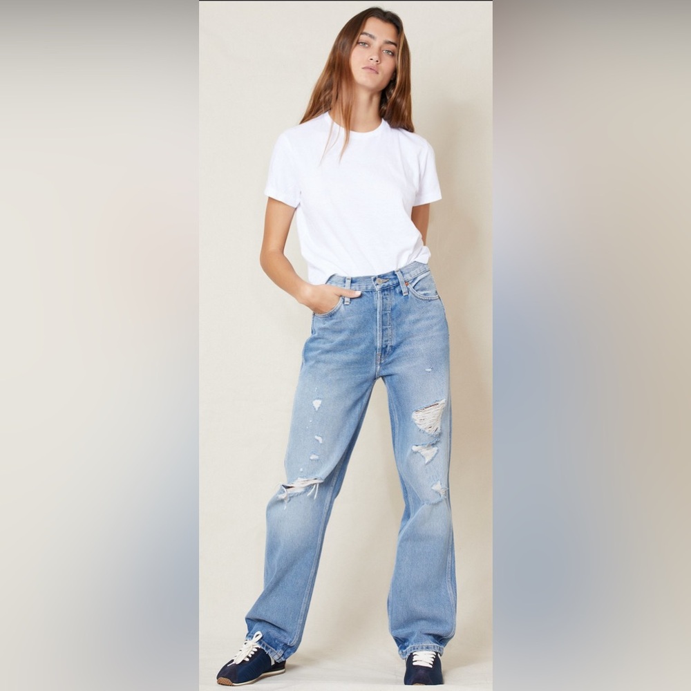 RE/DONE 90s High Rise Loose Denim Jeans Destroyed Medium Blue 26